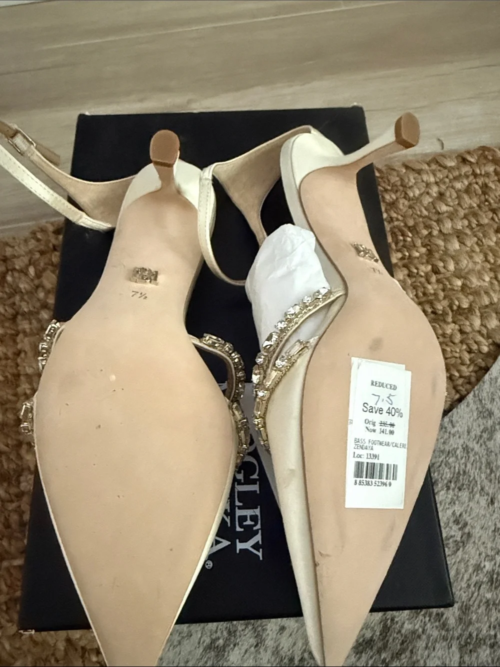 Badgley Mischka Cream Pointed-Toe Embellished Slingback Heels